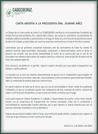 CONSTRUCTORES ENVÃAN CARTA A LA PRESIDENTA JEANINE AÃ‘EZ SOBRE DEUDAS DEL SECTOR PÃšBLICO