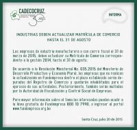 Industrias deben actualizar matrÃ­cula de comercio hasta el 31 de agosto
